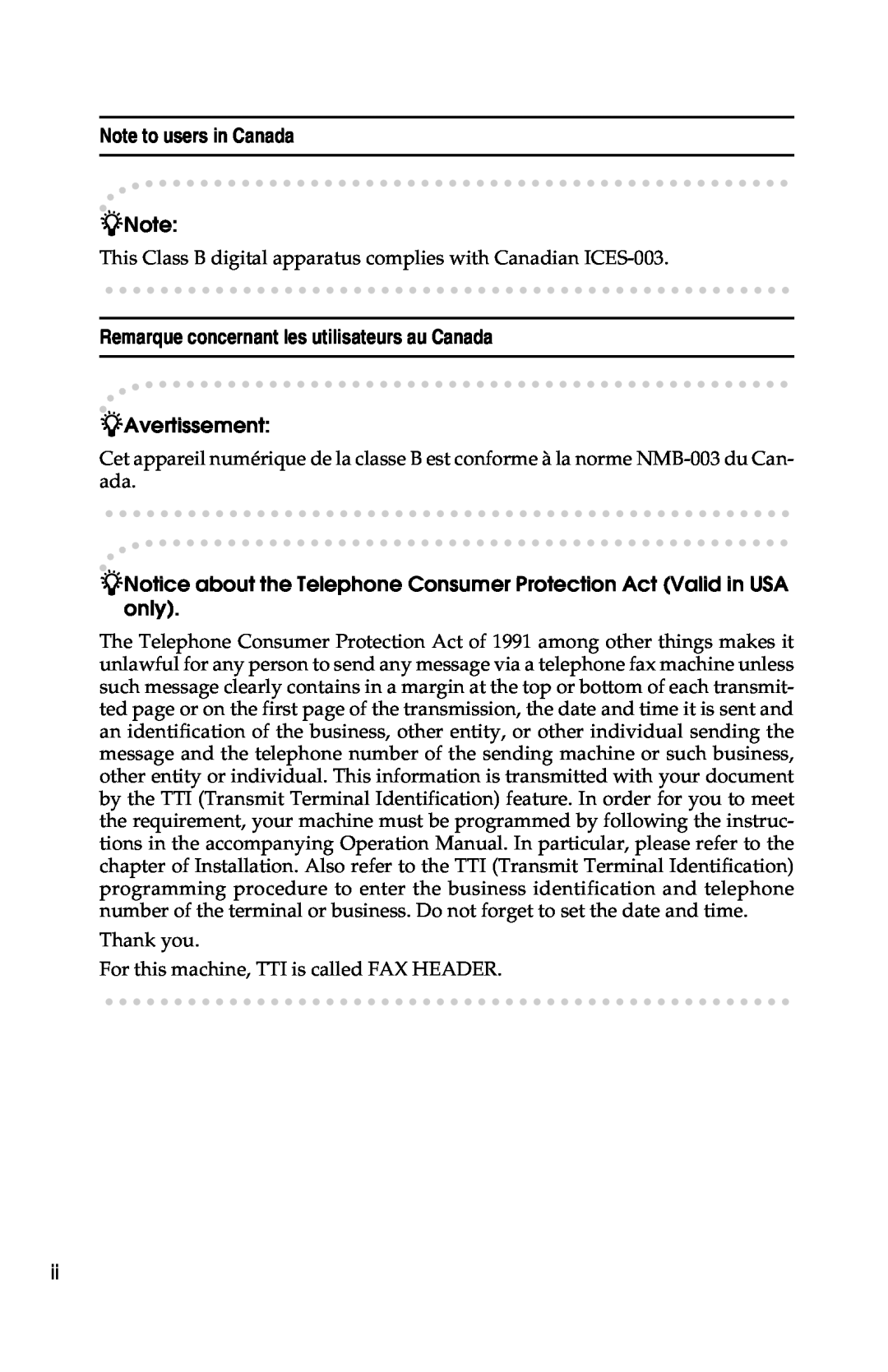 Savin G1619 manual Note to users in Canada, Remarque concernant les utilisateurs au Canada 