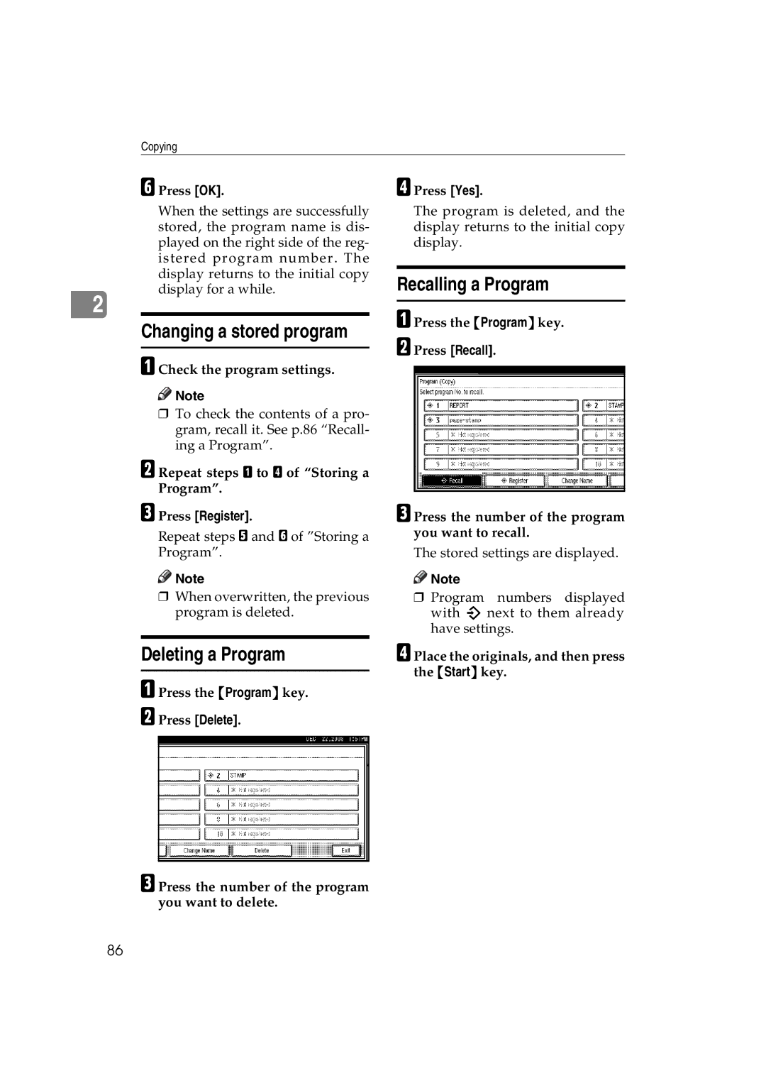 Savin DSc338, LD238c, LD232c Changing a stored program, Deleting a Program, Recalling a Program, Press Delete, Press Recall 