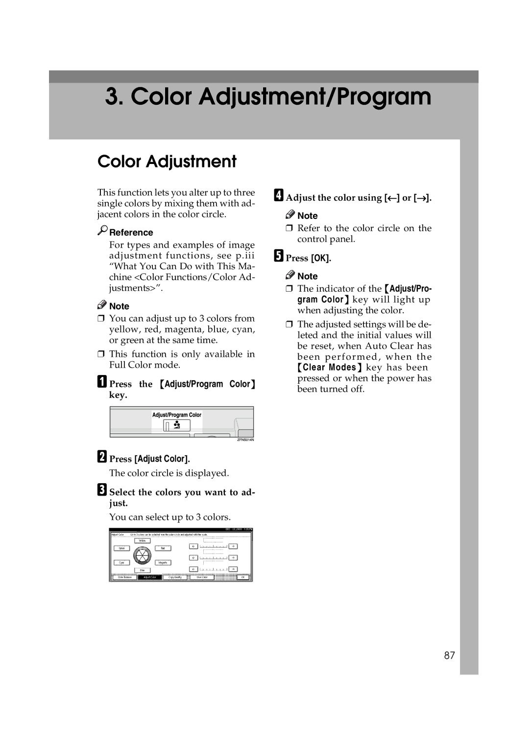 Savin C3828, LD238c, LD232c, c3224, DSc332, DSc338 Color Adjustment, Press the Adjust/Program Color, Press Adjust Color 