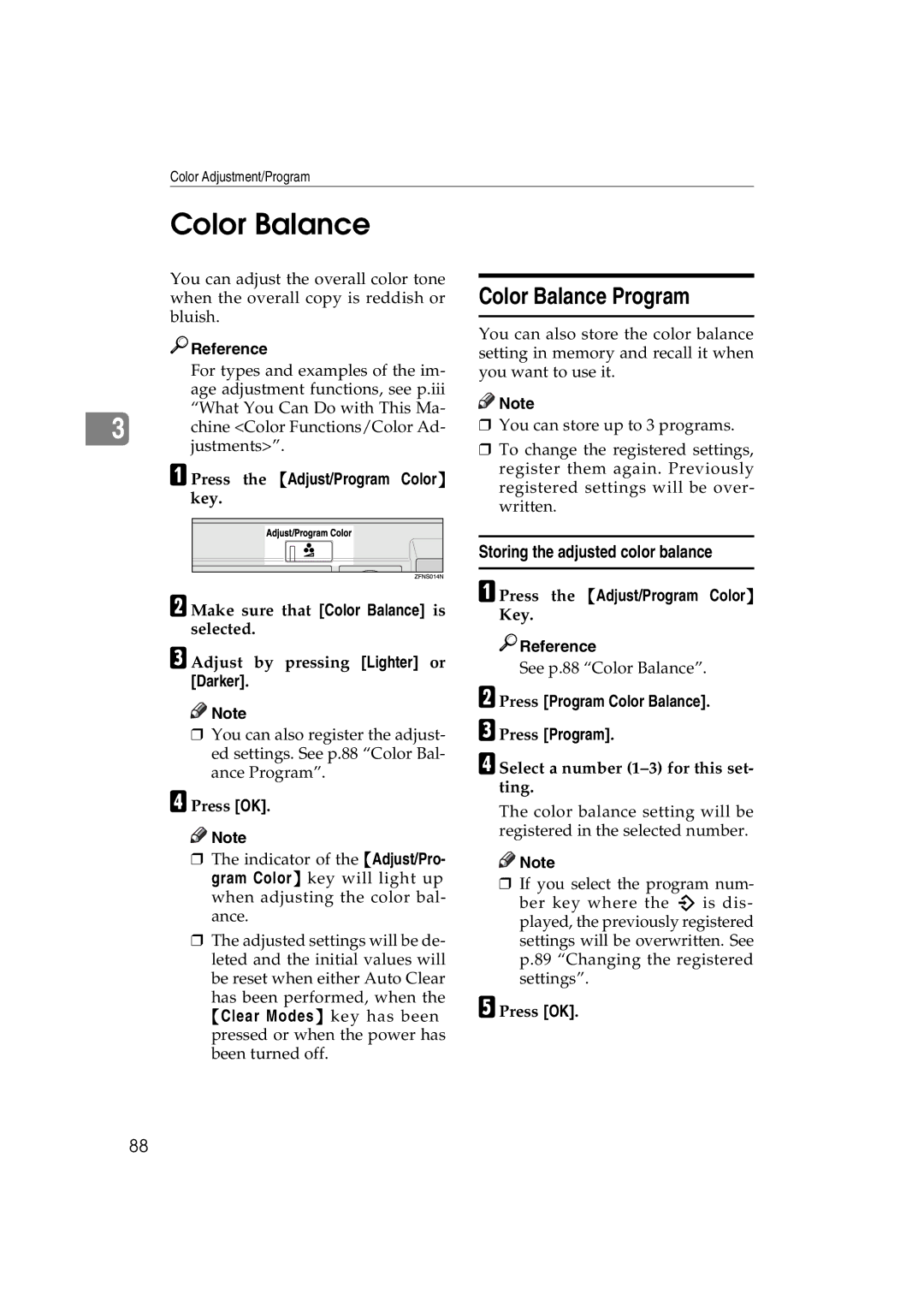 Savin LD238c Color Balance Program, Storing the adjusted color balance, Press Program Color Balance. C Press Program 