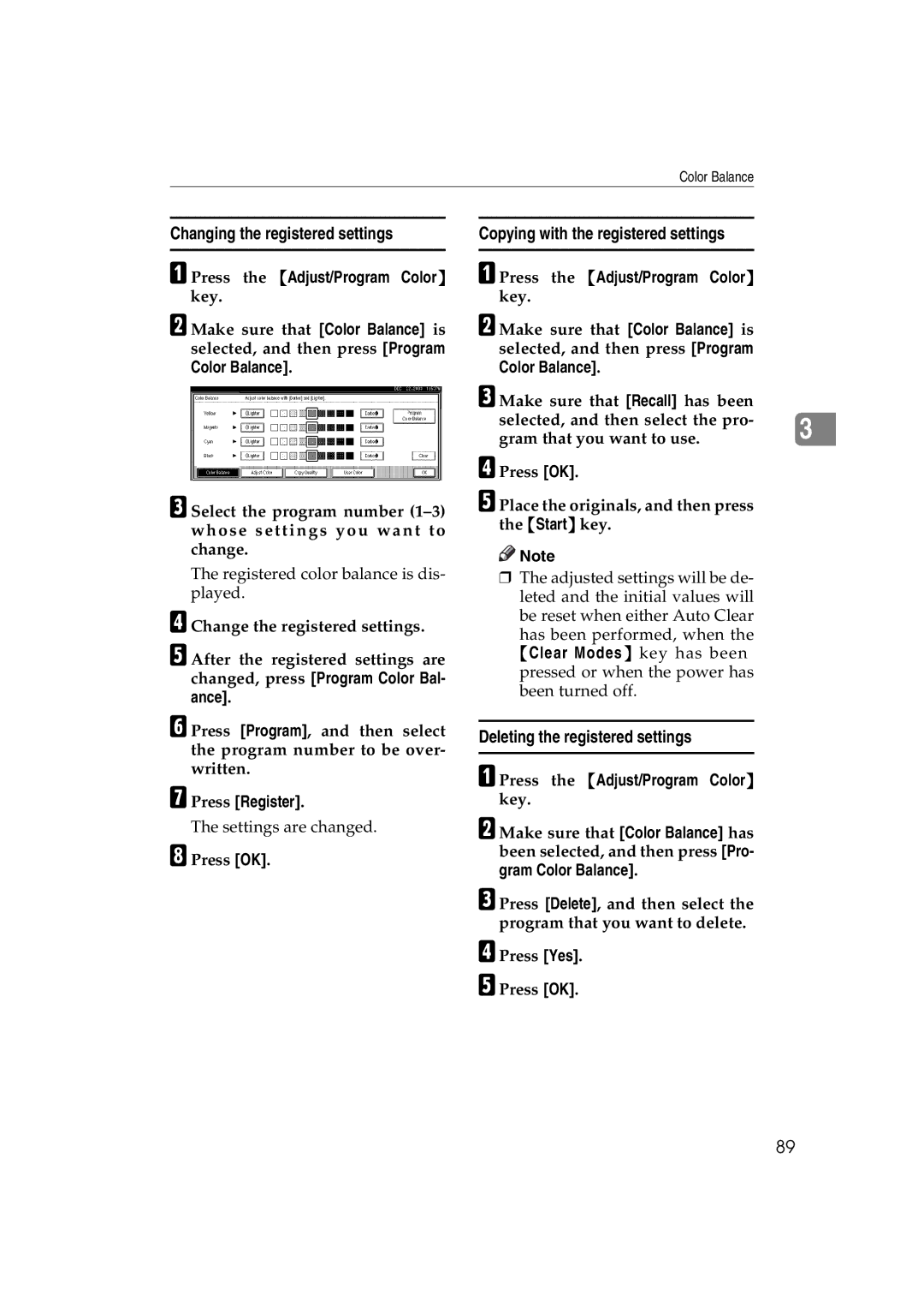 Savin LD232c Changing the registered settings, Copying with the registered settings, Deleting the registered settings 