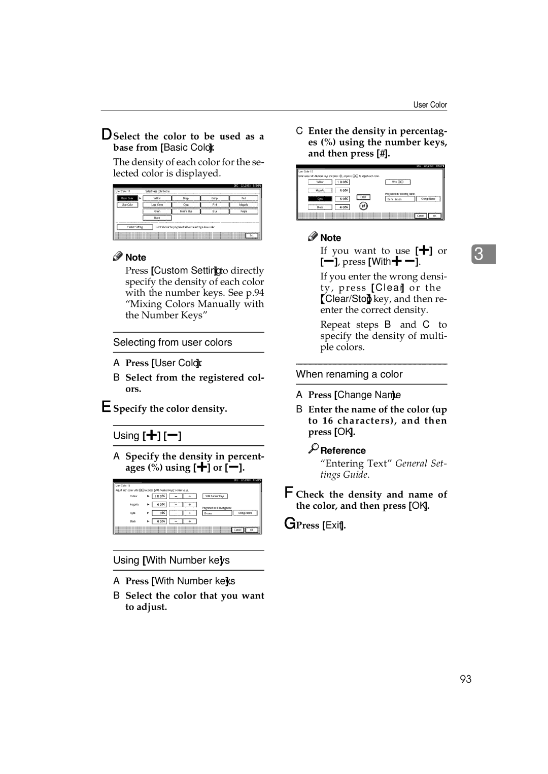 Savin C3828, LD238c, LD232c, c3224 Selecting from user colors, Using n o, Using With Number keys, When renaming a color 