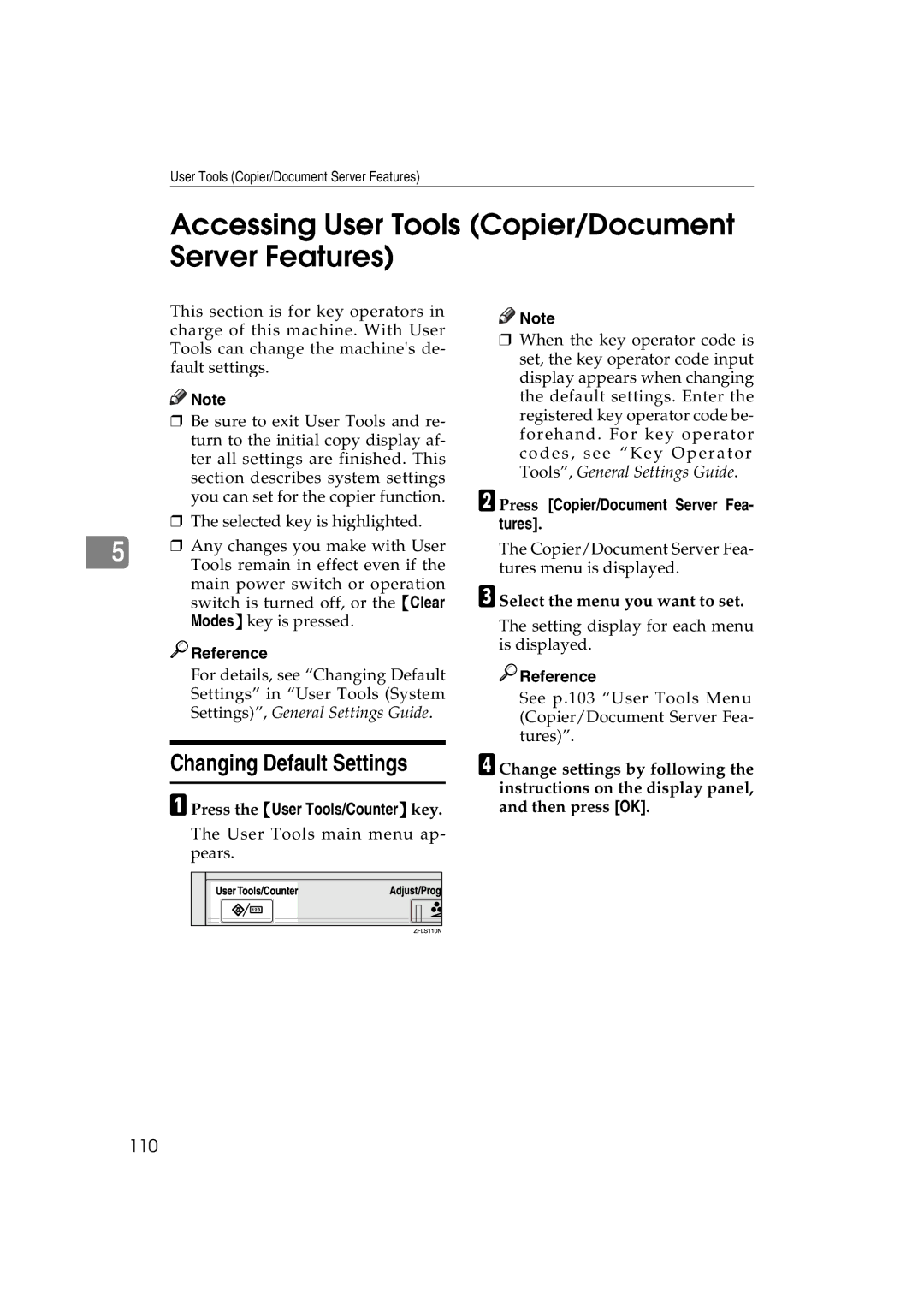 Savin DSc338, LD238c, LD232c, c3224 Accessing User Tools Copier/Document Server Features, Changing Default Settings, 110 