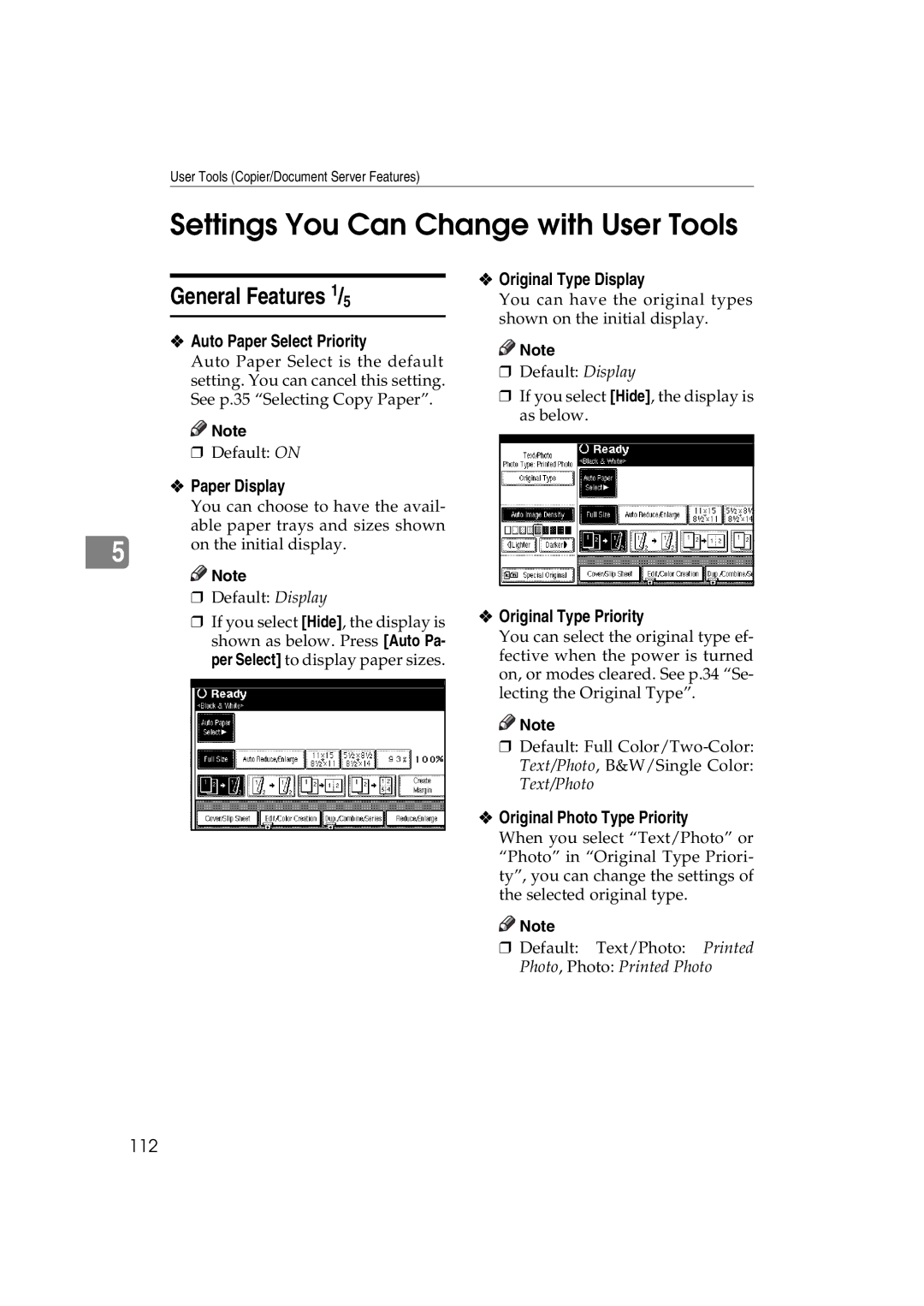 Savin LD238c, LD232c, c3224, DSc332, DSc338, C3828 Settings You Can Change with User Tools, General Features 1/5 