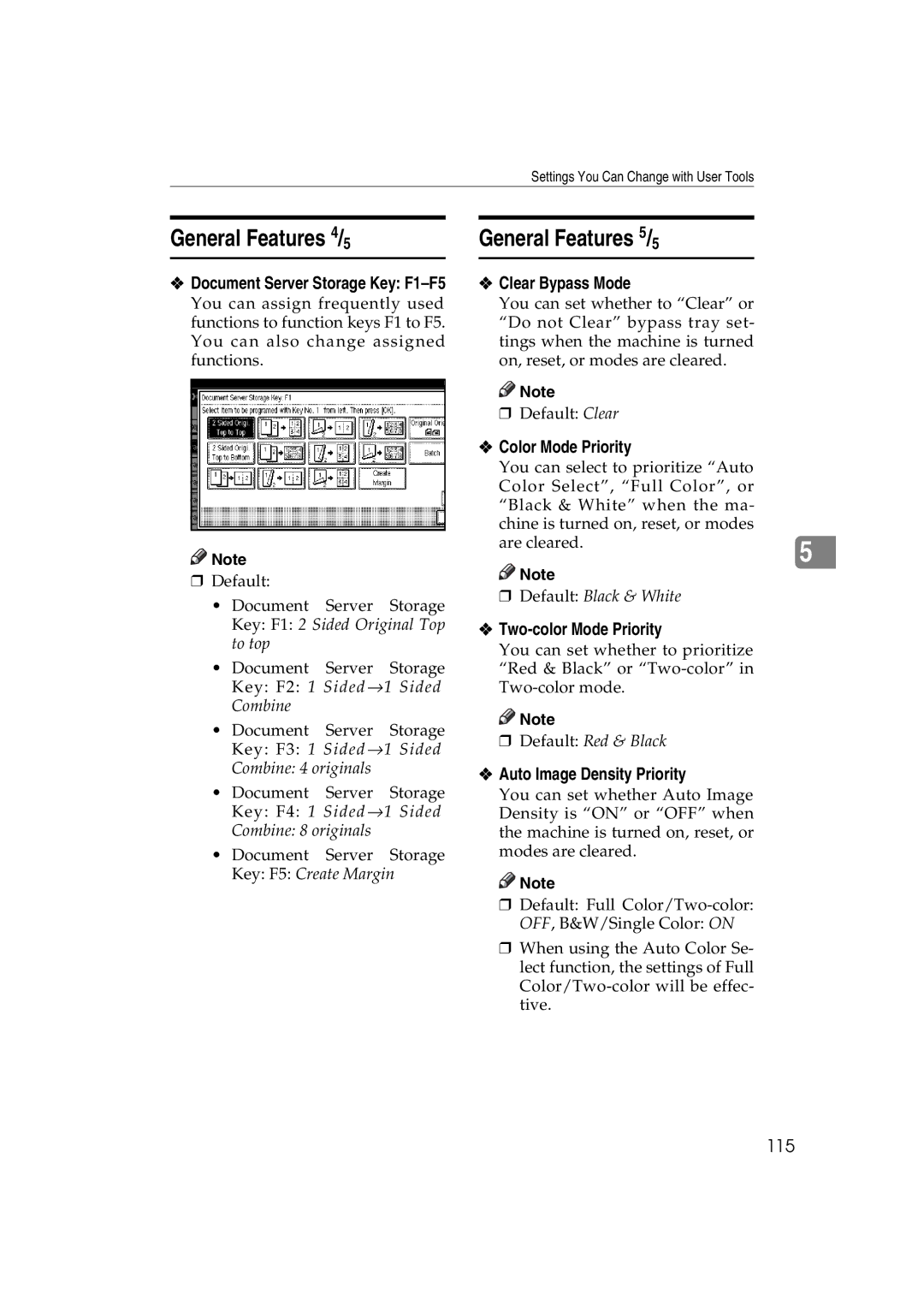 Savin DSc332 General Features 4/5 General Features 5/5, Clear Bypass Mode, Color Mode Priority, Two-color Mode Priority 