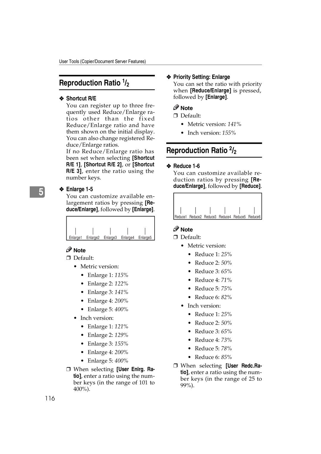 Savin DSc338, LD238c, LD232c Reproduction Ratio 1/2, Reproduction Ratio 2/2, Shortcut R/E, Priority Setting Enlarge, Reduce 