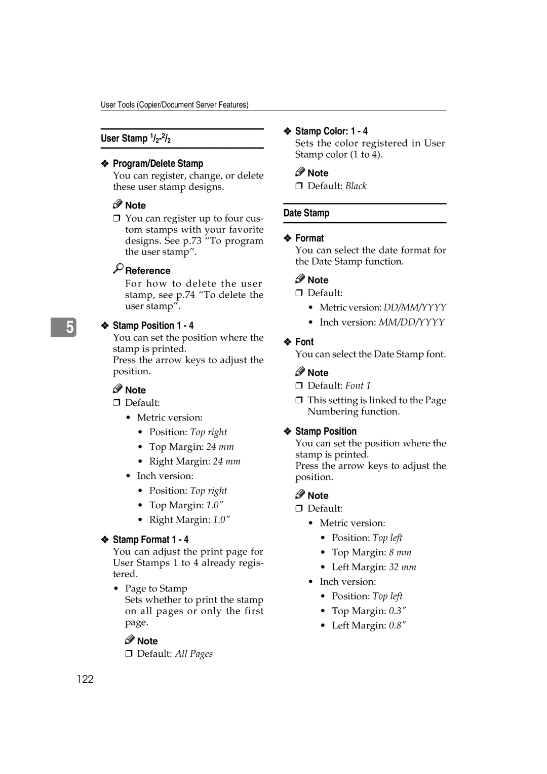 Savin DSc338, LD238c, c3224 User Stamp 1/2-2/2 Program/Delete Stamp, Stamp Format 1, Stamp Color 1, Date Stamp Format, Font 