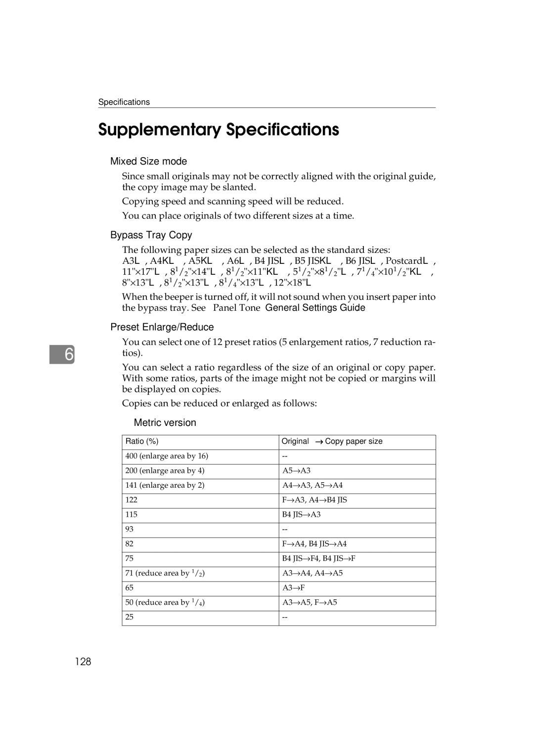 Savin DSc338, LD238c, LD232c Supplementary Specifications, Mixed Size mode, Bypass Tray Copy, Preset Enlarge/Reduce, 128 