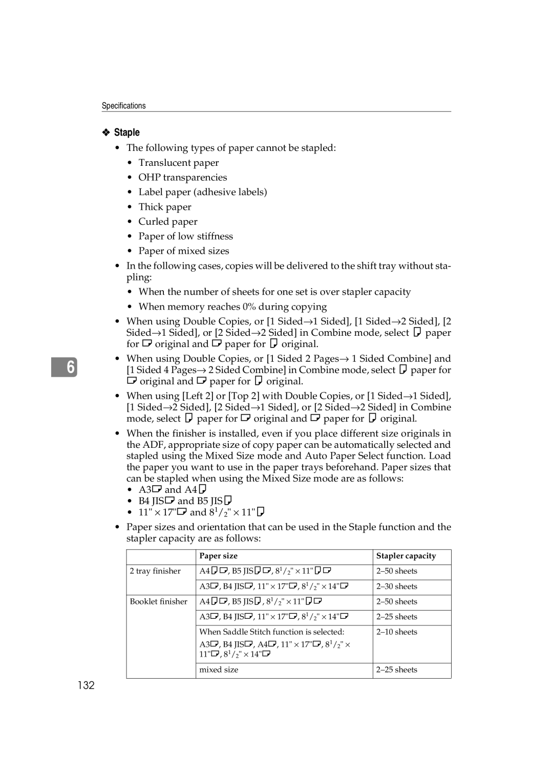 Savin c3224, LD238c, LD232c, DSc332, DSc338, C3828 operating instructions 132, Paper size Stapler capacity 