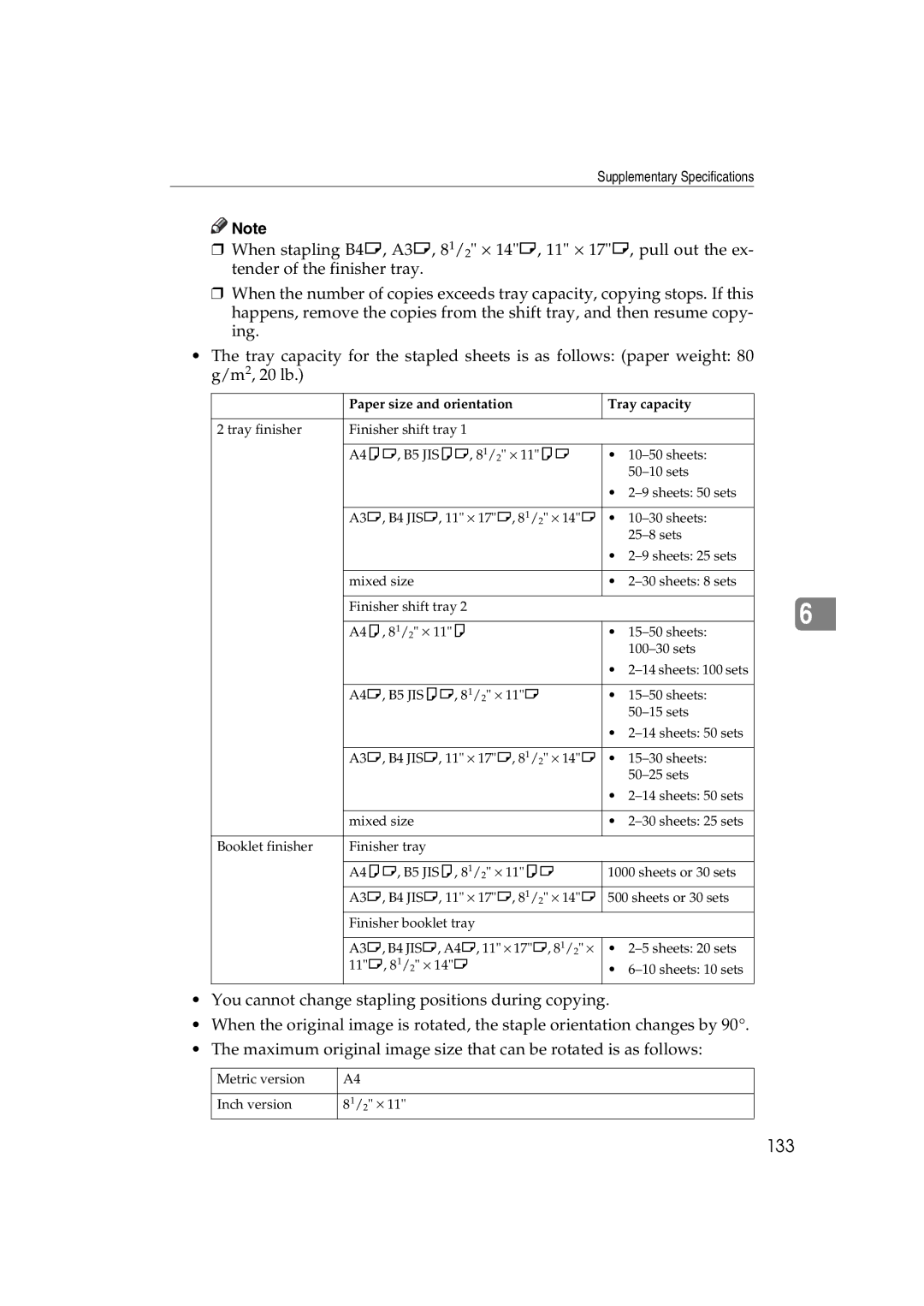 Savin DSc332, LD238c, LD232c, c3224, DSc338, C3828 operating instructions 133, Paper size and orientation Tray capacity 