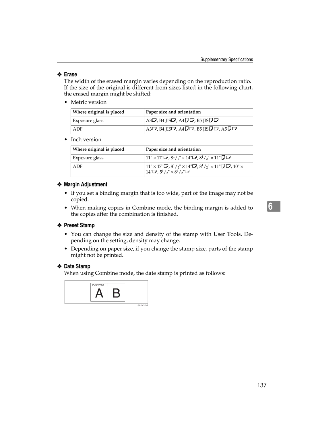 Savin LD232c, LD238c, c3224, DSc332, DSc338, C3828 Erase, Margin Adjustment, Preset Stamp, Date Stamp, 137 