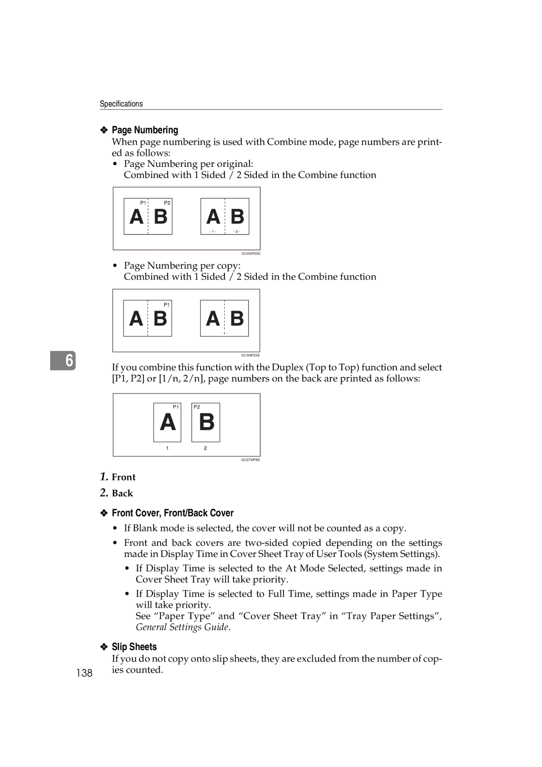 Savin c3224, LD238c, LD232c, DSc332, DSc338, C3828 operating instructions Numbering, Front Cover, Front/Back Cover, Slip Sheets 