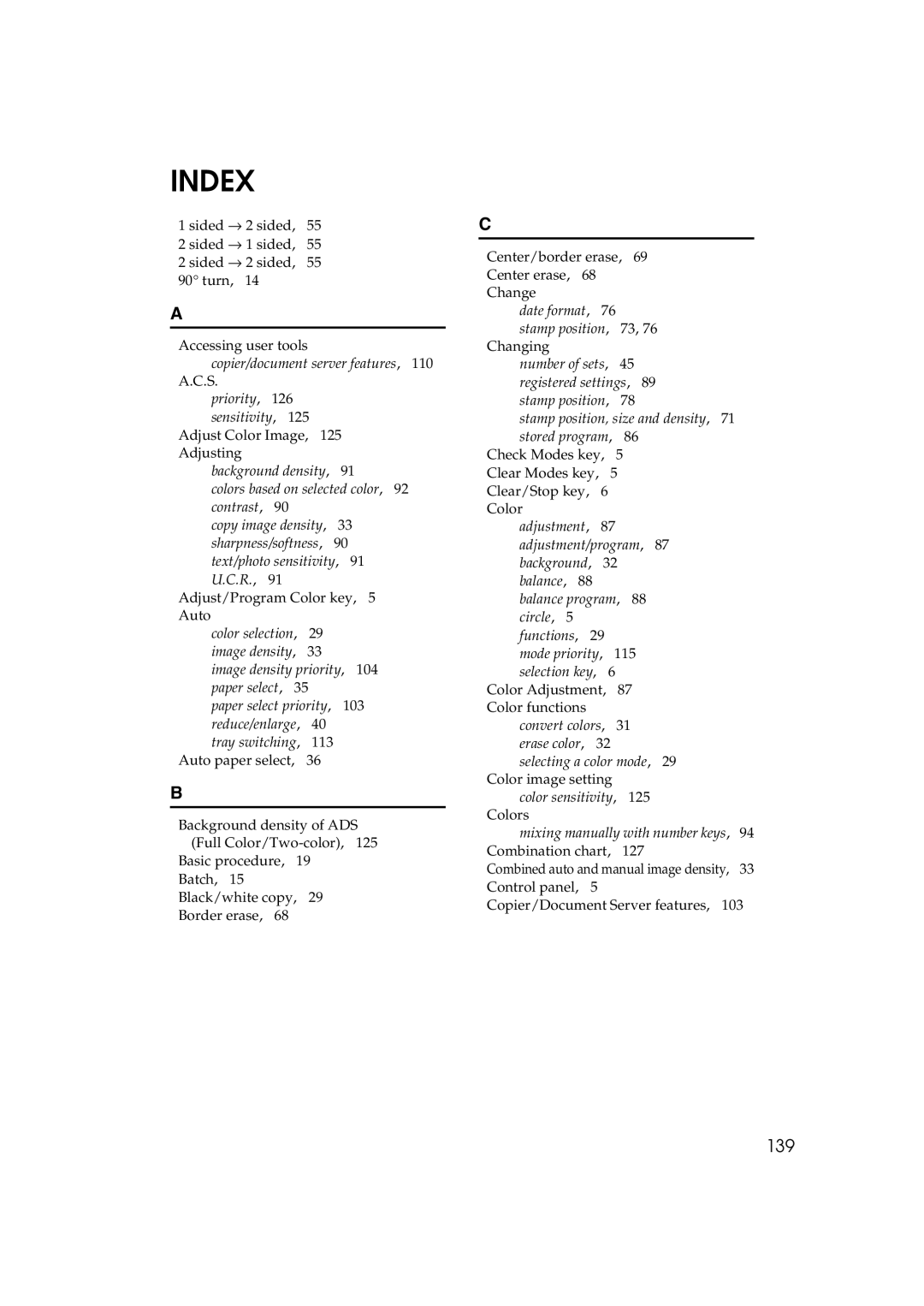 Savin DSc332, LD238c, LD232c, c3224, DSc338, C3828 operating instructions Index, 139 