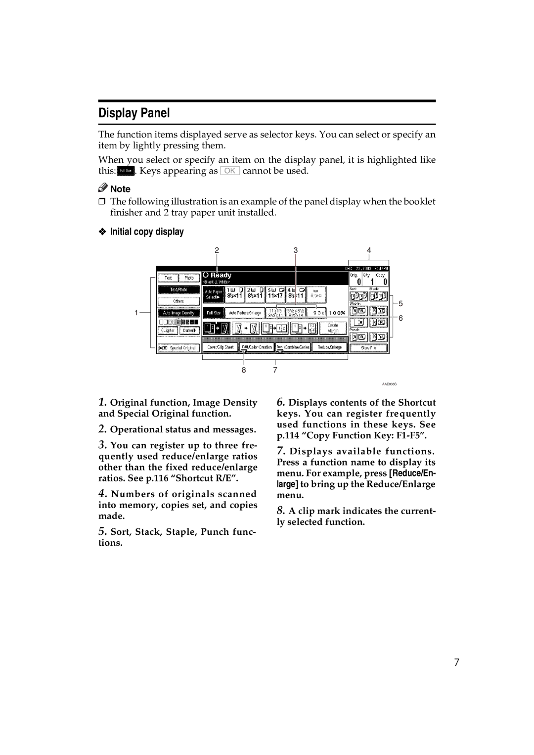 Savin DSc332, LD238c, LD232c, c3224, DSc338, C3828 operating instructions Display Panel, Initial copy display 