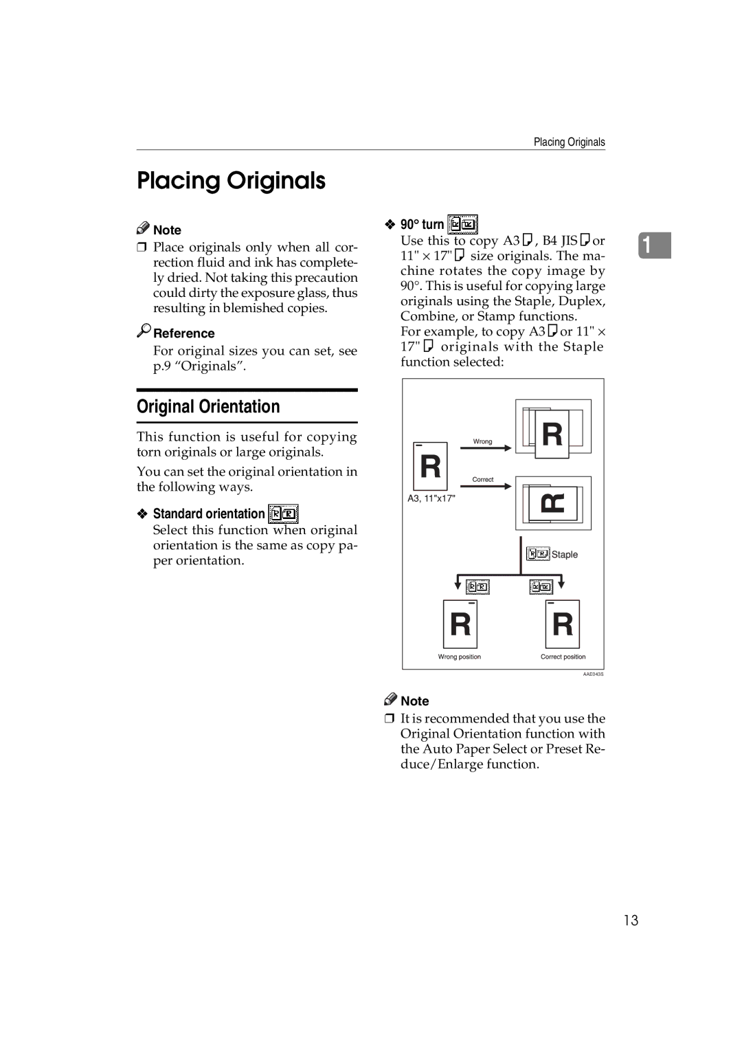 Savin DSc332, LD238c, LD232c, c3224, DSc338, C3828 Placing Originals, Original Orientation, Standard orientation, Turn 