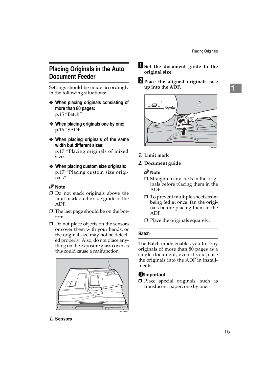 Savin C3828 Placing Originals in the Auto Document Feeder, Batch, When placing originals consisting of more than 80 pages 