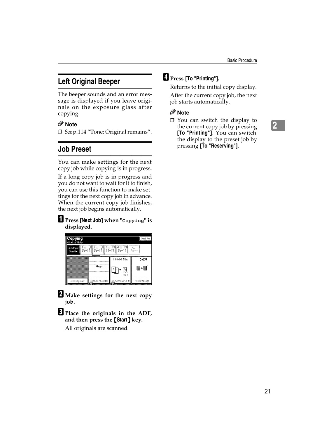 Savin C3828, LD238c, LD232c, c3224, DSc332, DSc338 operating instructions Left Original Beeper, Job Preset, Press To Printing 