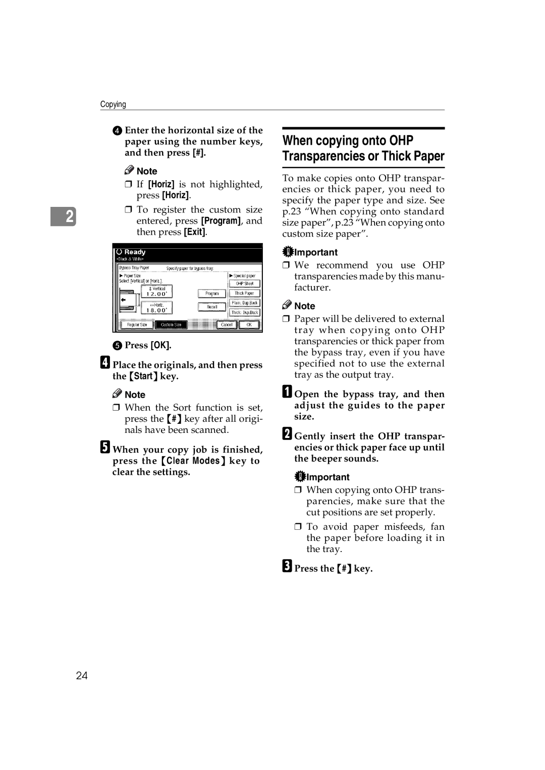 Savin c3224, LD238c, LD232c, DSc332, DSc338, C3828 operating instructions When copying onto OHP Transparencies or Thick Paper 