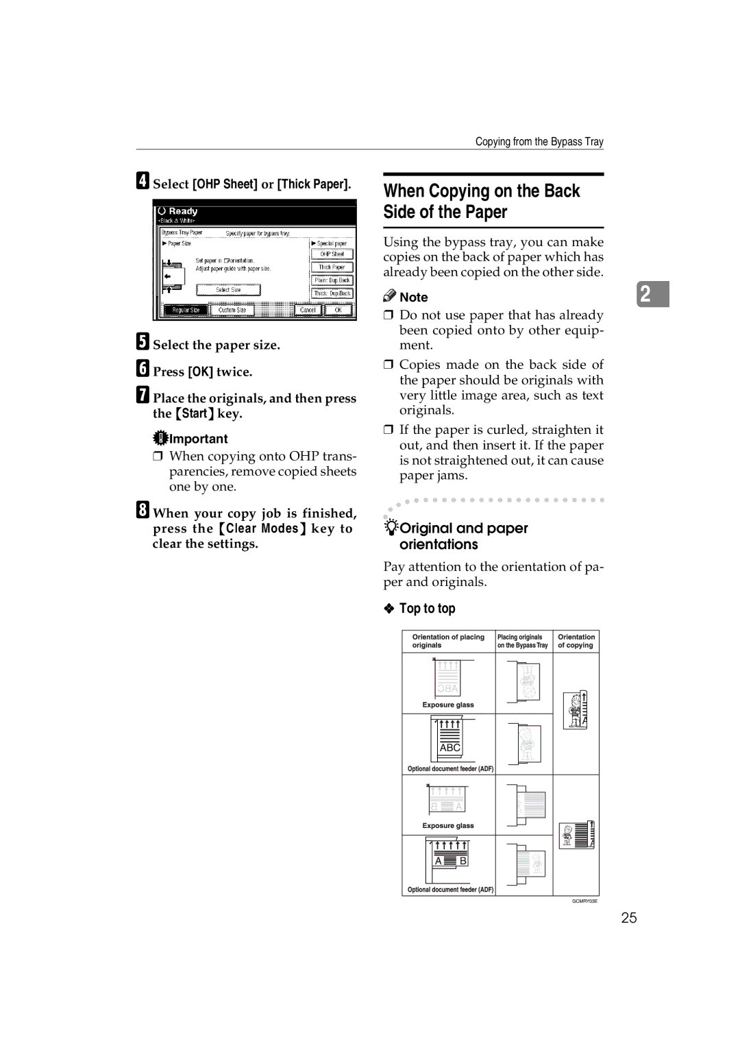 Savin DSc332, LD238c, LD232c, c3224 When Copying on the Back Side of the Paper, Original and paper orientations, Top to top 