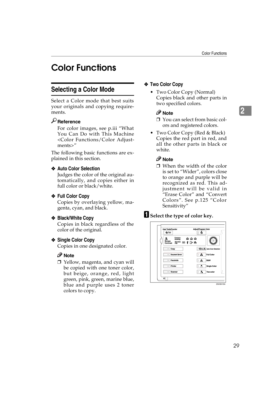 Savin LD232c, LD238c, c3224, DSc332, DSc338, C3828 operating instructions Color Functions, Selecting a Color Mode 