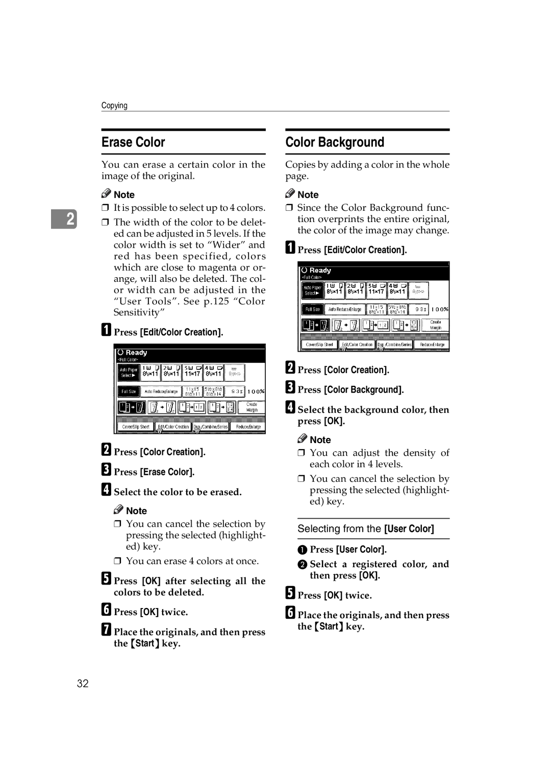 Savin DSc338, LD238c, LD232c Erase Color Color Background, Selecting from the User Color, Select the color to be erased 