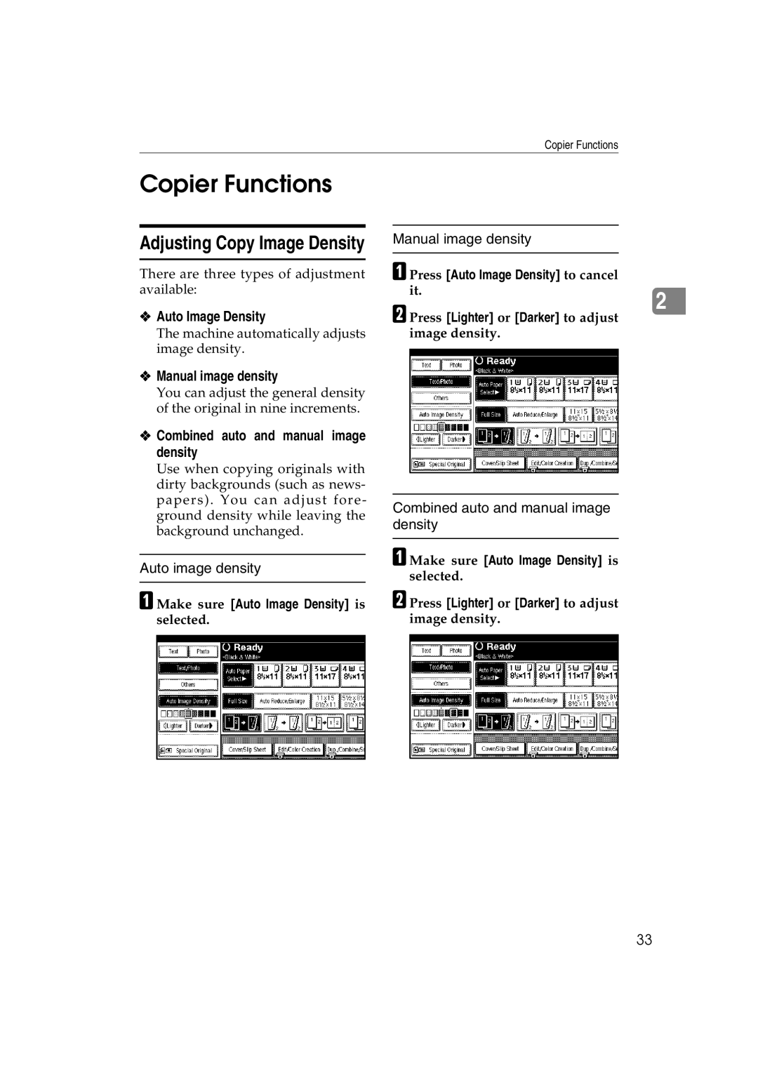 Savin C3828, LD238c Copier Functions, Auto Image Density, Manual image density, Combined auto and manual image density 