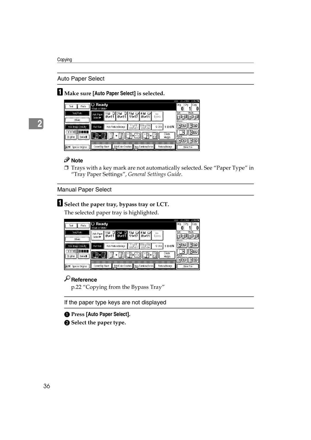 Savin c3224, LD238c, LD232c Manual Paper Select, If the paper type keys are not displayed, Press Auto Paper Select 