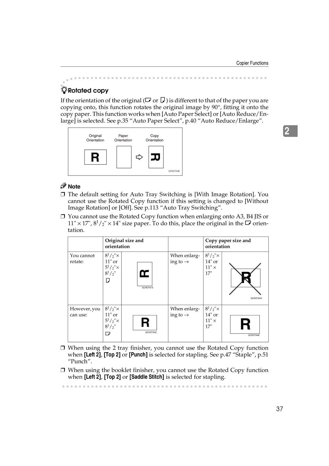 Savin DSc332, LD238c, LD232c, c3224, DSc338, C3828 Rotated copy, Original size Copy paper size Orientation 