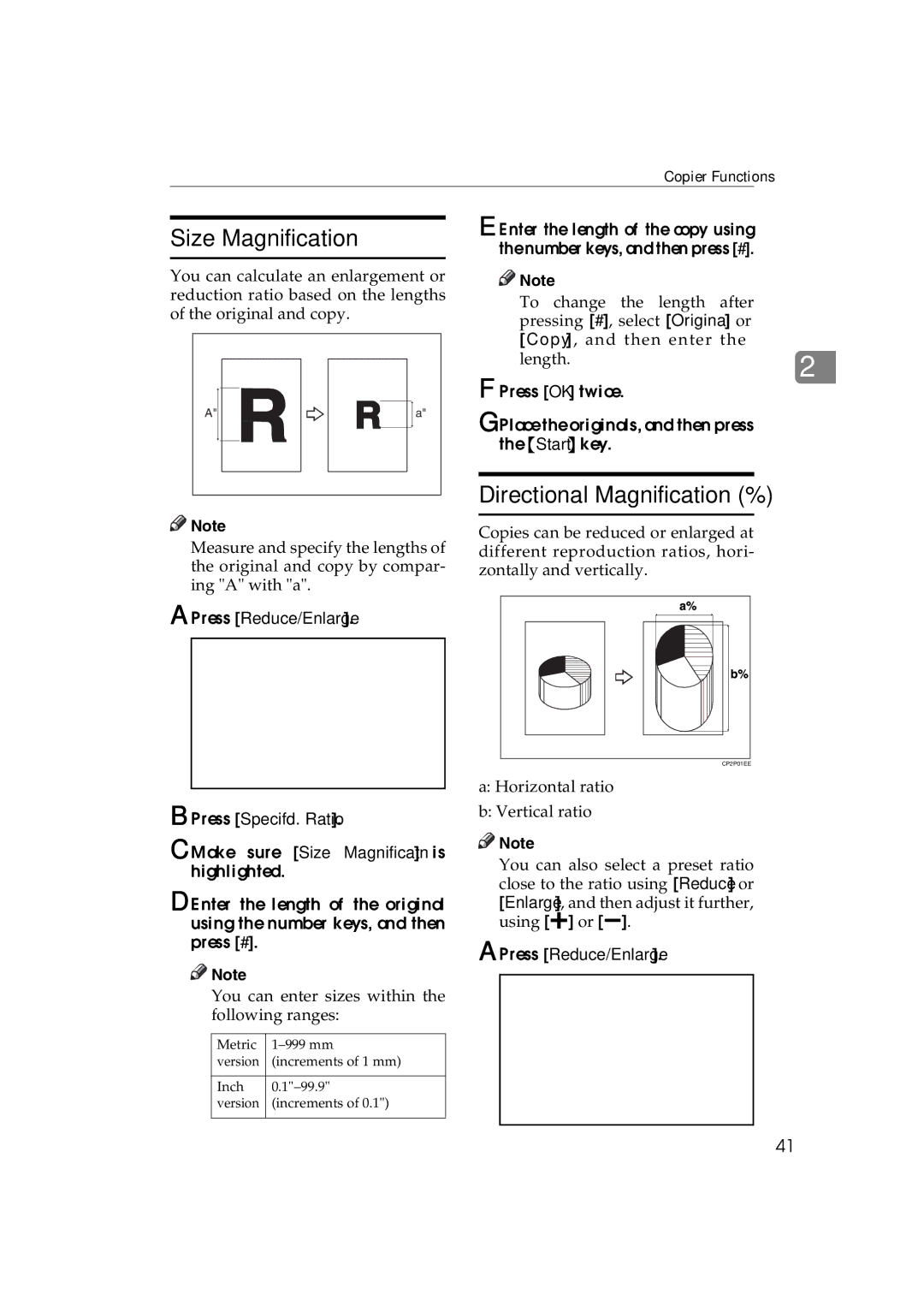 Savin LD232c, LD238c, c3224, DSc332, DSc338, C3828 operating instructions Size Magnification, Directional Magnification % 