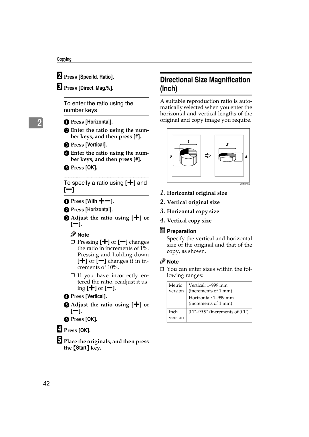 Savin c3224, LD238c Directional Size Magnification Inch, To enter the ratio using, Number keys, To specify a ratio using n 