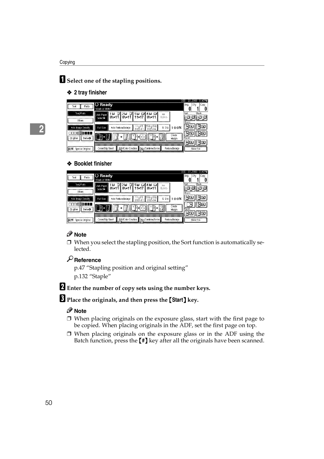 Savin DSc338, LD238c, LD232c, c3224, DSc332, C3828 Tray finisher Booklet finisher, Select one of the stapling positions 