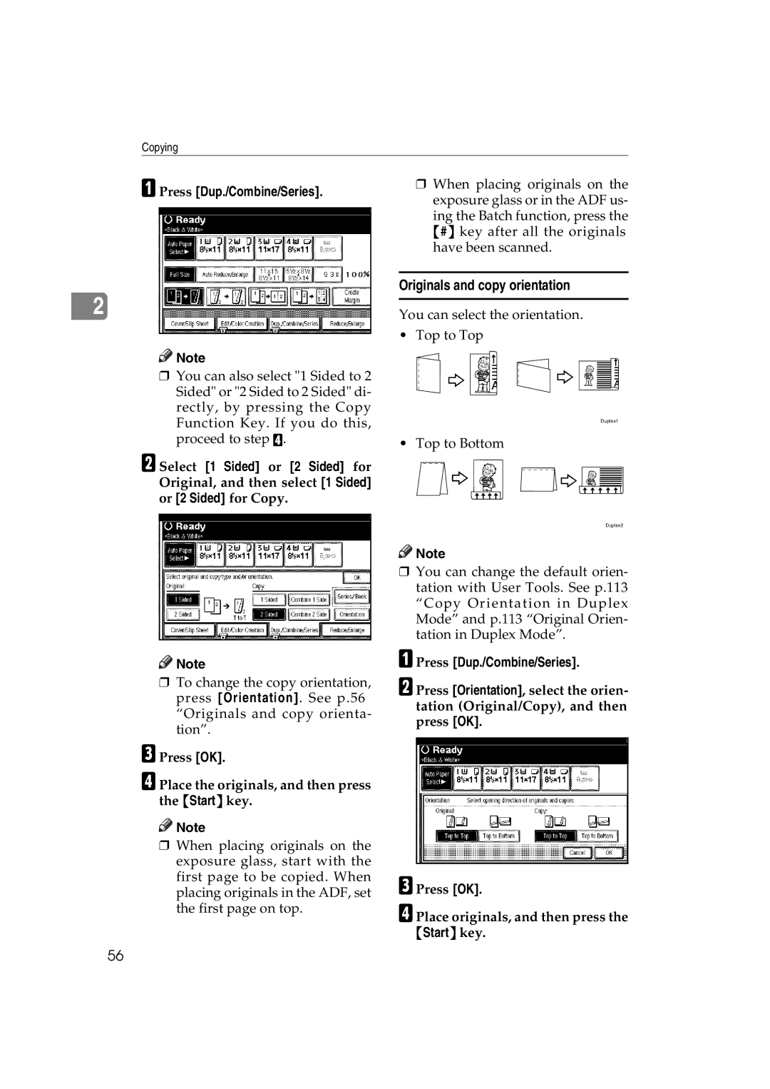 Savin DSc338, LD238c, LD232c, c3224 Originals and copy orientation, Press Dup./Combine/Series, Select 1 Sided or 2 Sided for 