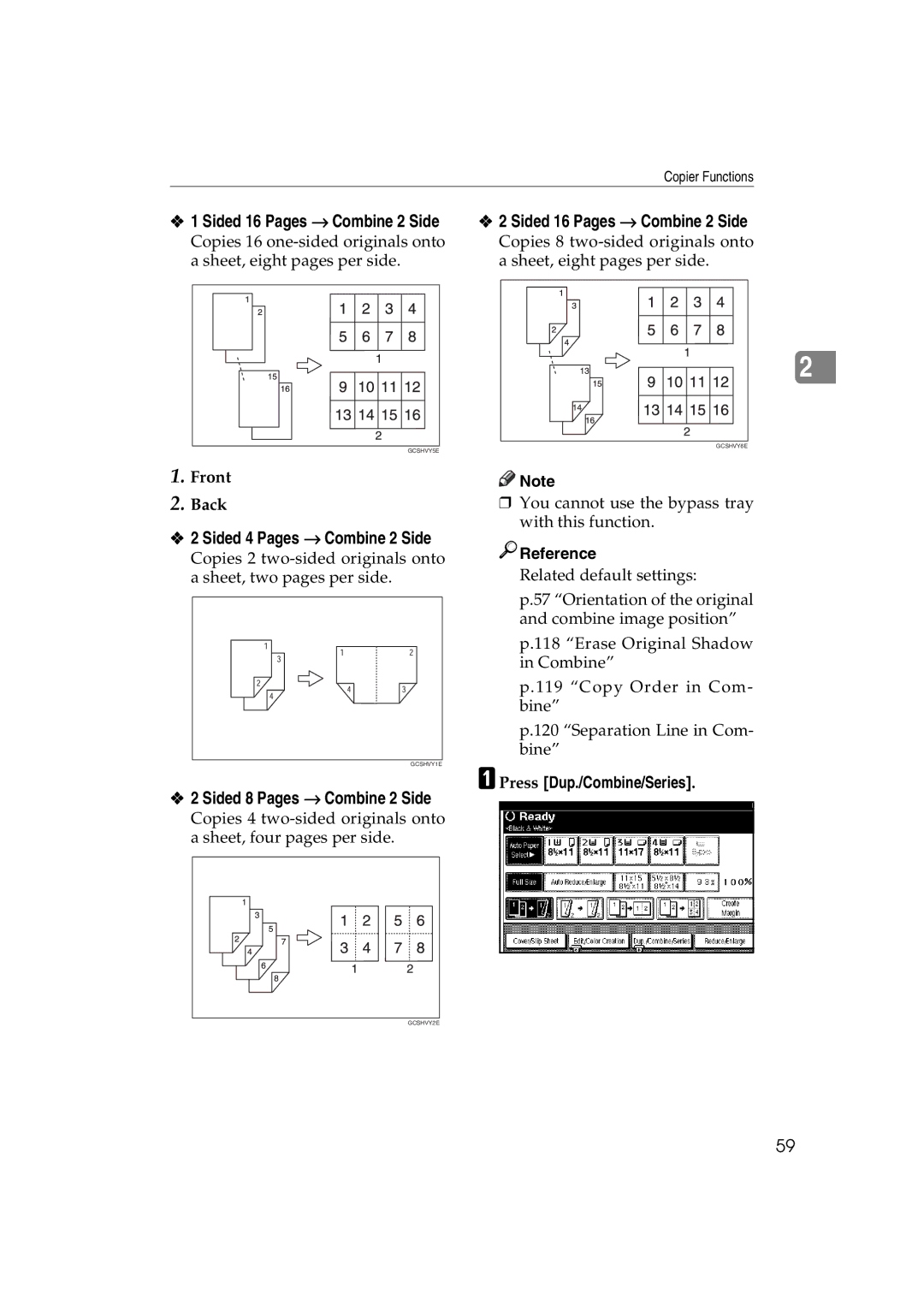 Savin LD232c Sided 16 Pages → Combine 2 Side, Front Back, Sided 4 Pages → Combine 2 Side, Sided 8 Pages → Combine 2 Side 