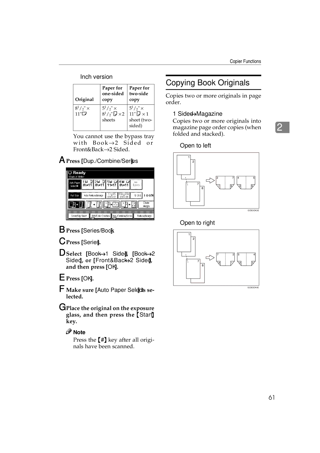 Savin DSc332, LD238c, LD232c, c3224, DSc338, C3828 Copying Book Originals, Sided→Magazine, Open to left, Open to right 