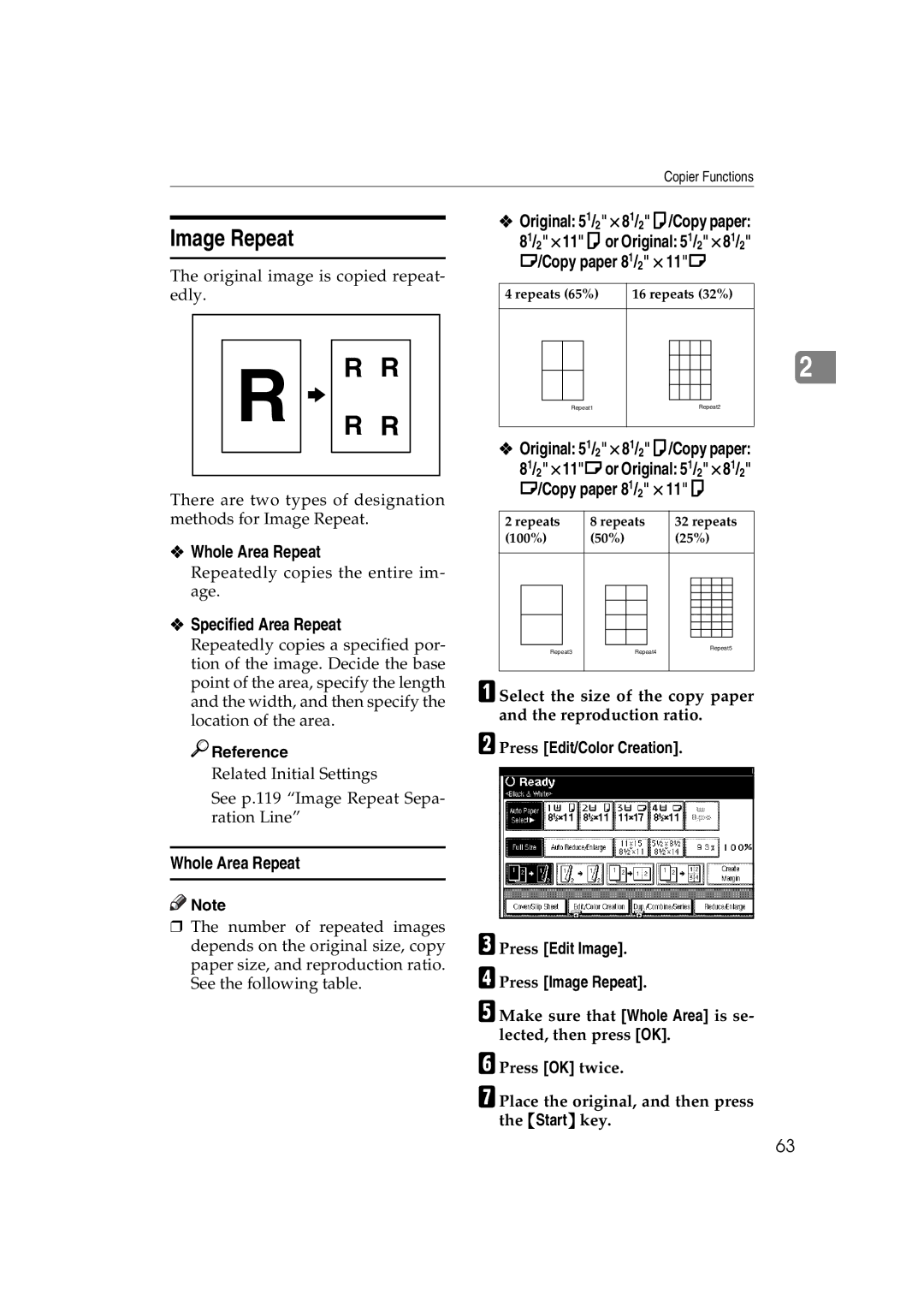 Savin C3828, LD238c, LD232c, c3224 Image Repeat, Whole Area Repeat, Specified Area Repeat, Original 51/2 ×81/2K/Copy paper 