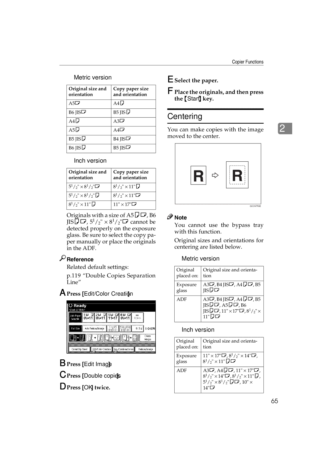 Savin LD232c, LD238c, c3224, DSc332, DSc338, C3828 operating instructions Centering, Metric version 