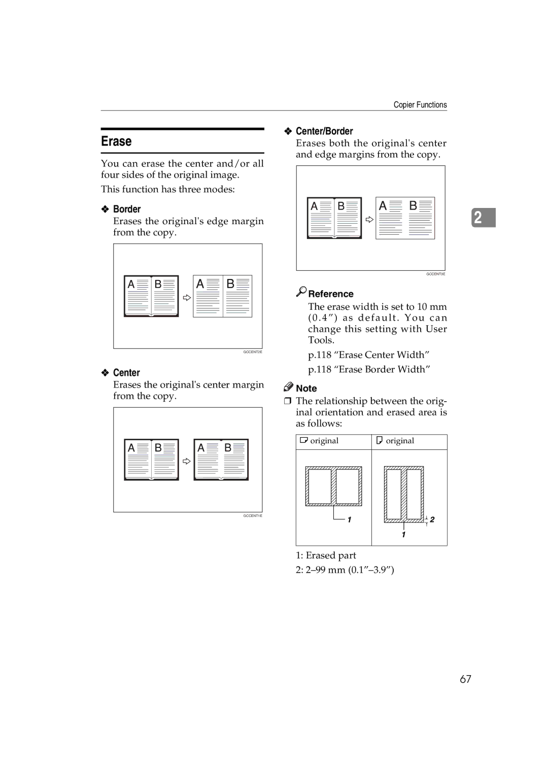 Savin DSc332, LD238c, LD232c, c3224, DSc338, C3828 operating instructions Erase, Center/Border 