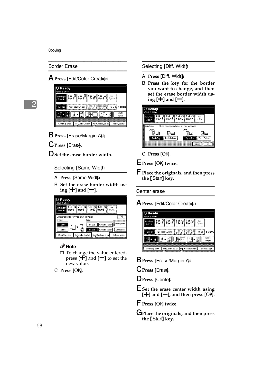 Savin DSc338, LD238c, LD232c, c3224, DSc332, C3828 Border Erase, Selecting Same Width, Selecting Diff. Width, Center erase 