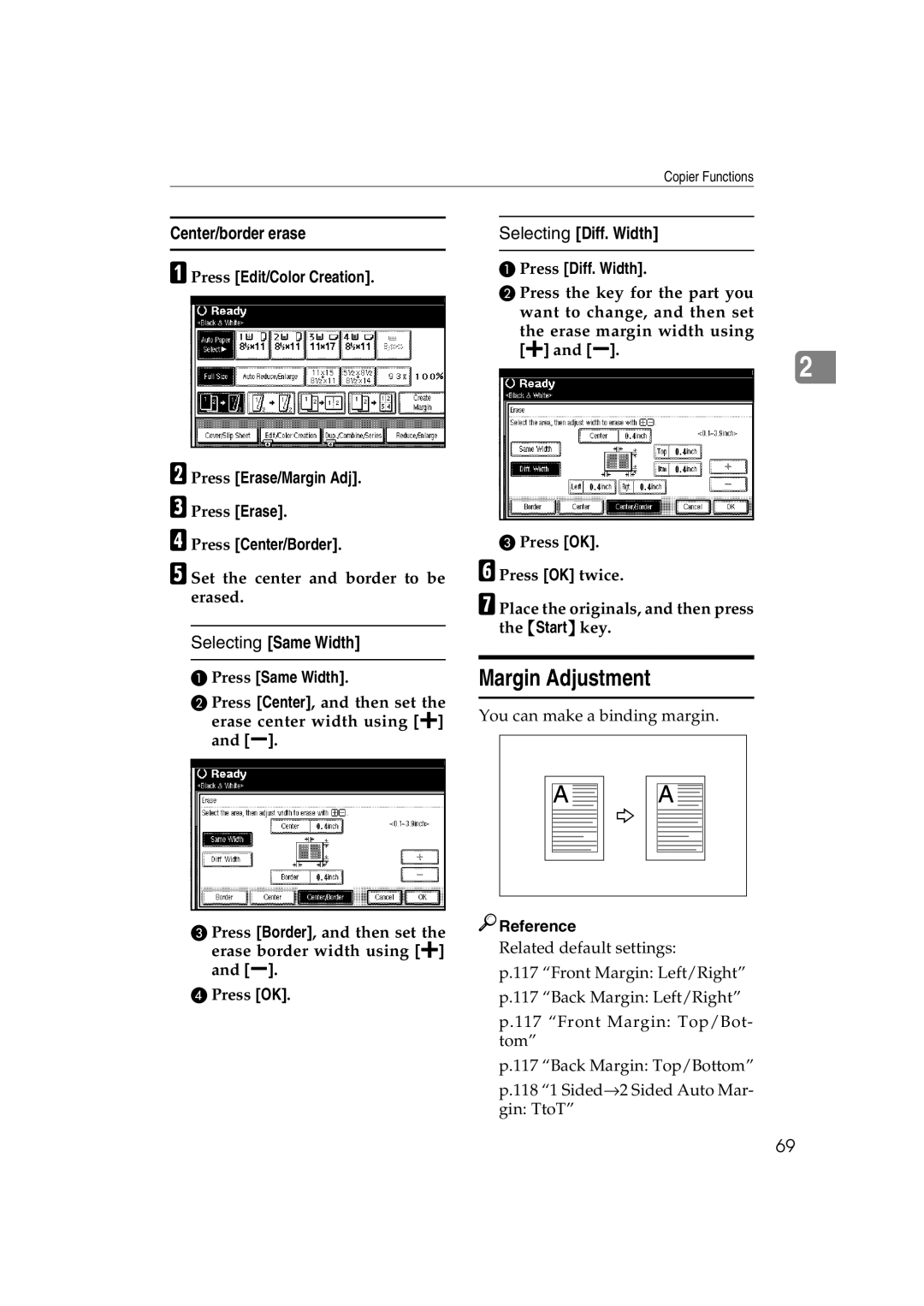 Savin C3828, LD238c Margin Adjustment, Center/border erase, Press Center/Border, Set the center and border to be erased 