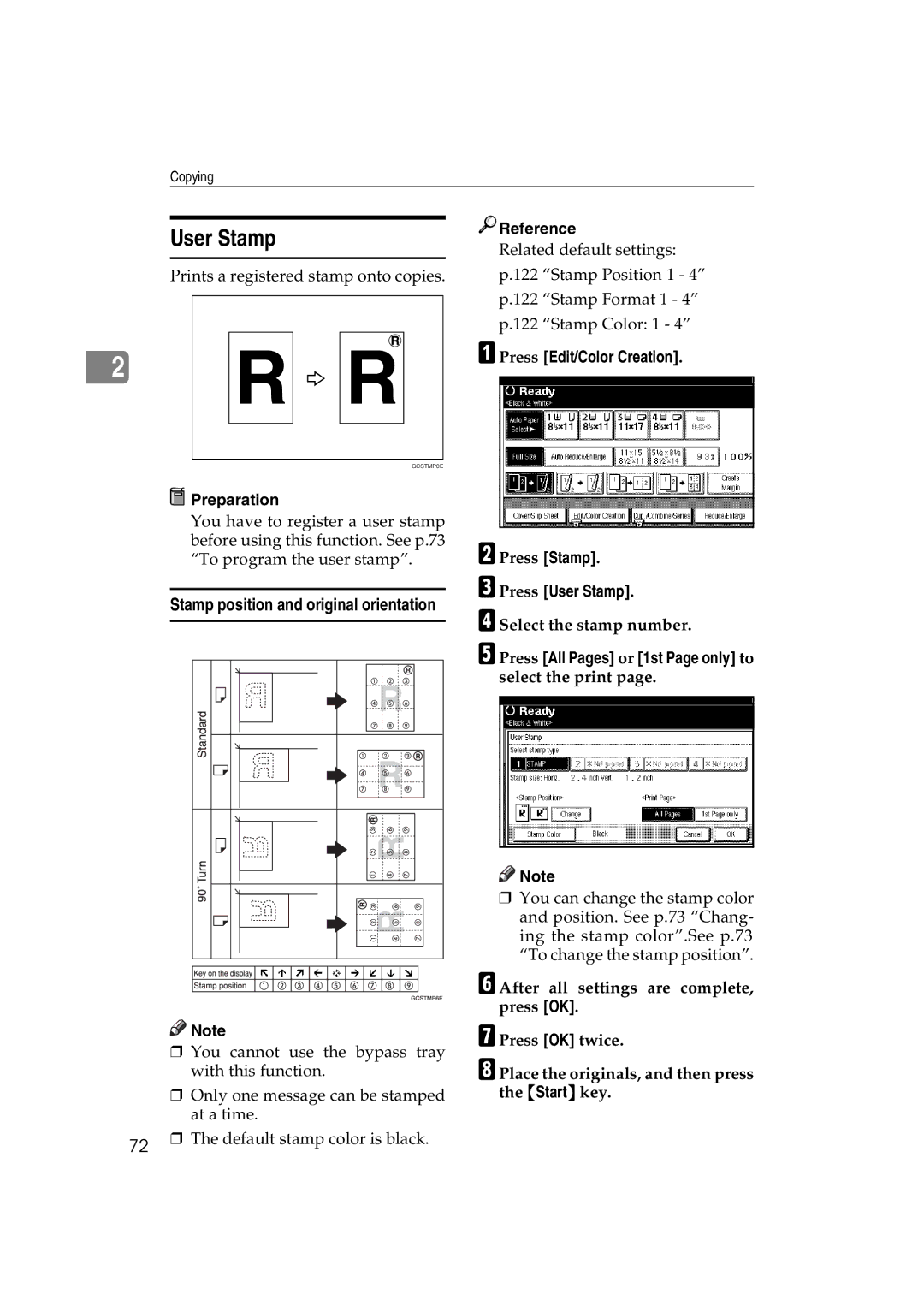 Savin c3224, LD238c Press User Stamp, Select the stamp number, Press All Pages or 1st Page only to select the print 