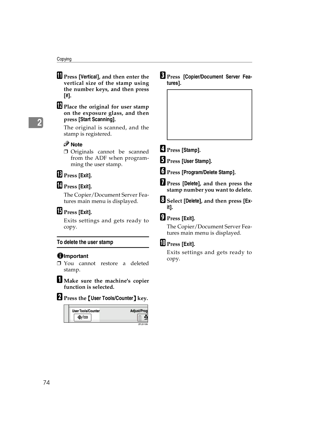 Savin DSc338, LD238c To delete the user stamp, Press Start Scanning, Original is scanned, Stamp is registered, Press Exit 