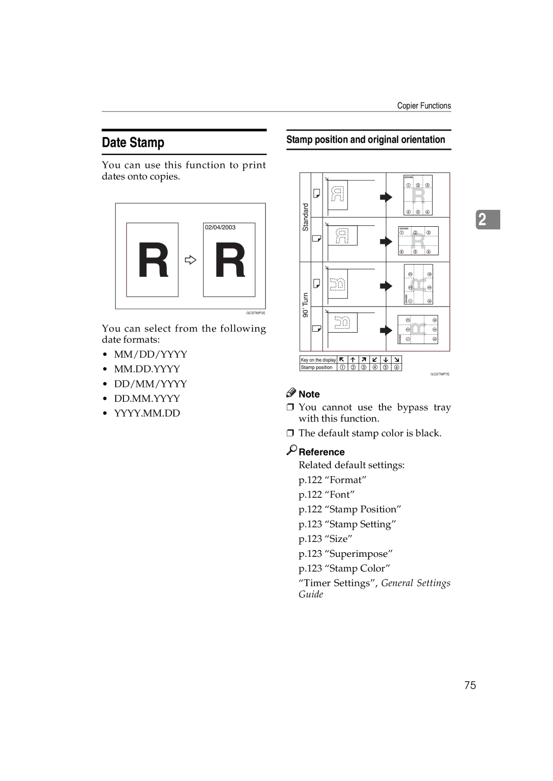 Savin C3828, LD238c, LD232c, c3224, DSc332, DSc338 operating instructions Date Stamp, Stamp position and original orientation 