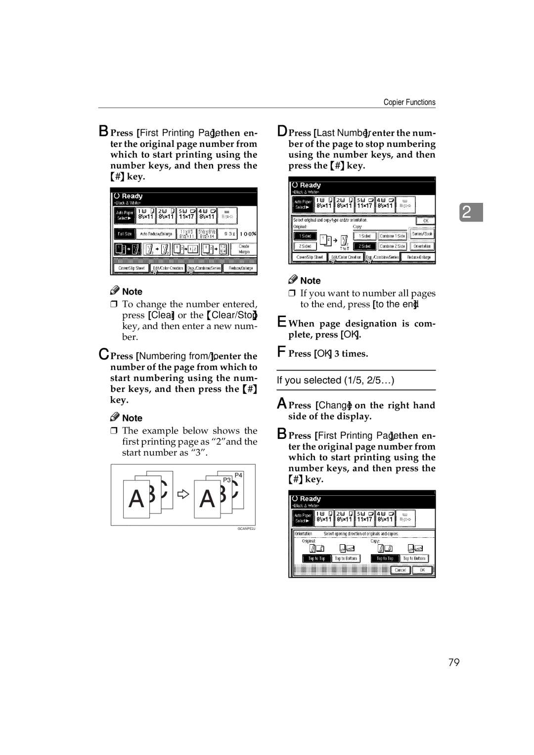 Savin DSc332 If you selected 1/5, 2/5…, Press First Printing Page , then en, # key, Press Last Number, enter the num 