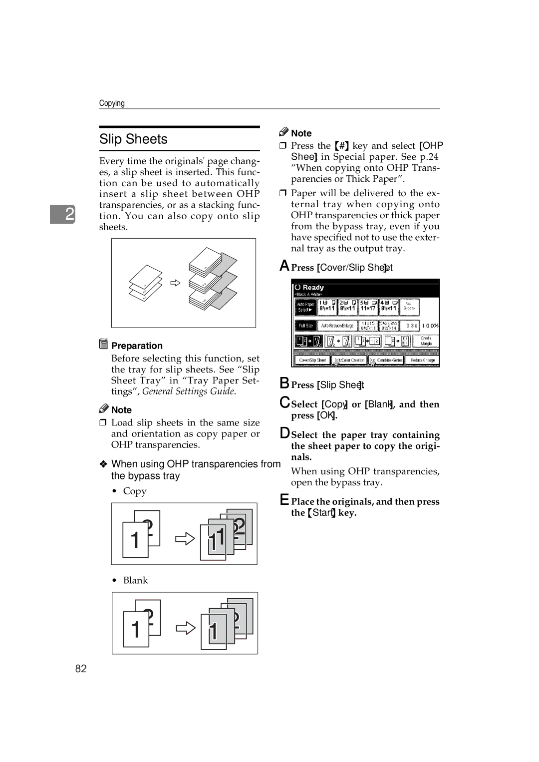 Savin LD238c Slip Sheets, When using OHP transparencies from the bypass tray, Press Cover/Slip Sheet Press Slip Sheet 