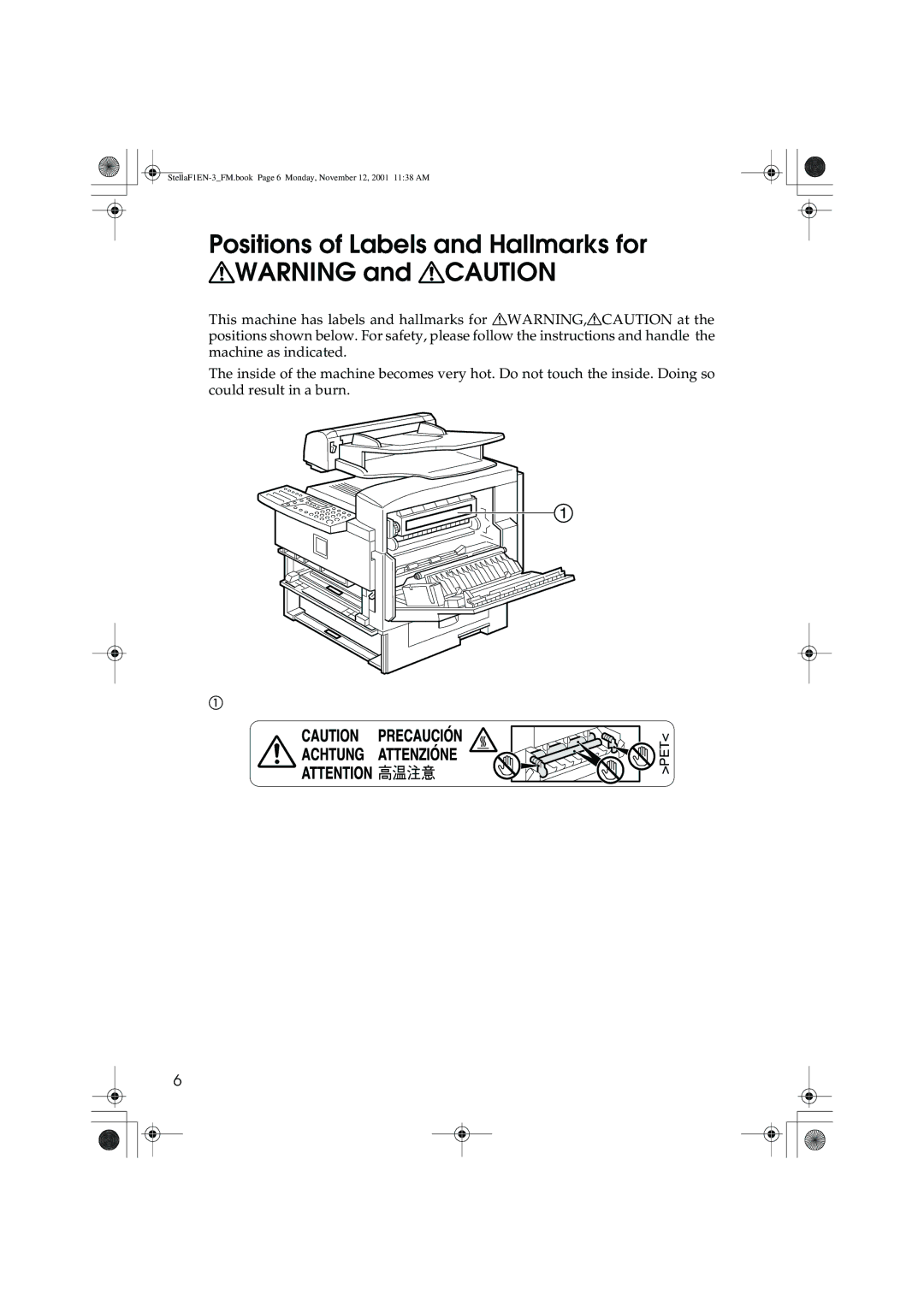 Savin LF310, F9103, 3725, 3310L manual Positions of Labels and Hallmarks for Rwarning and Rcaution 