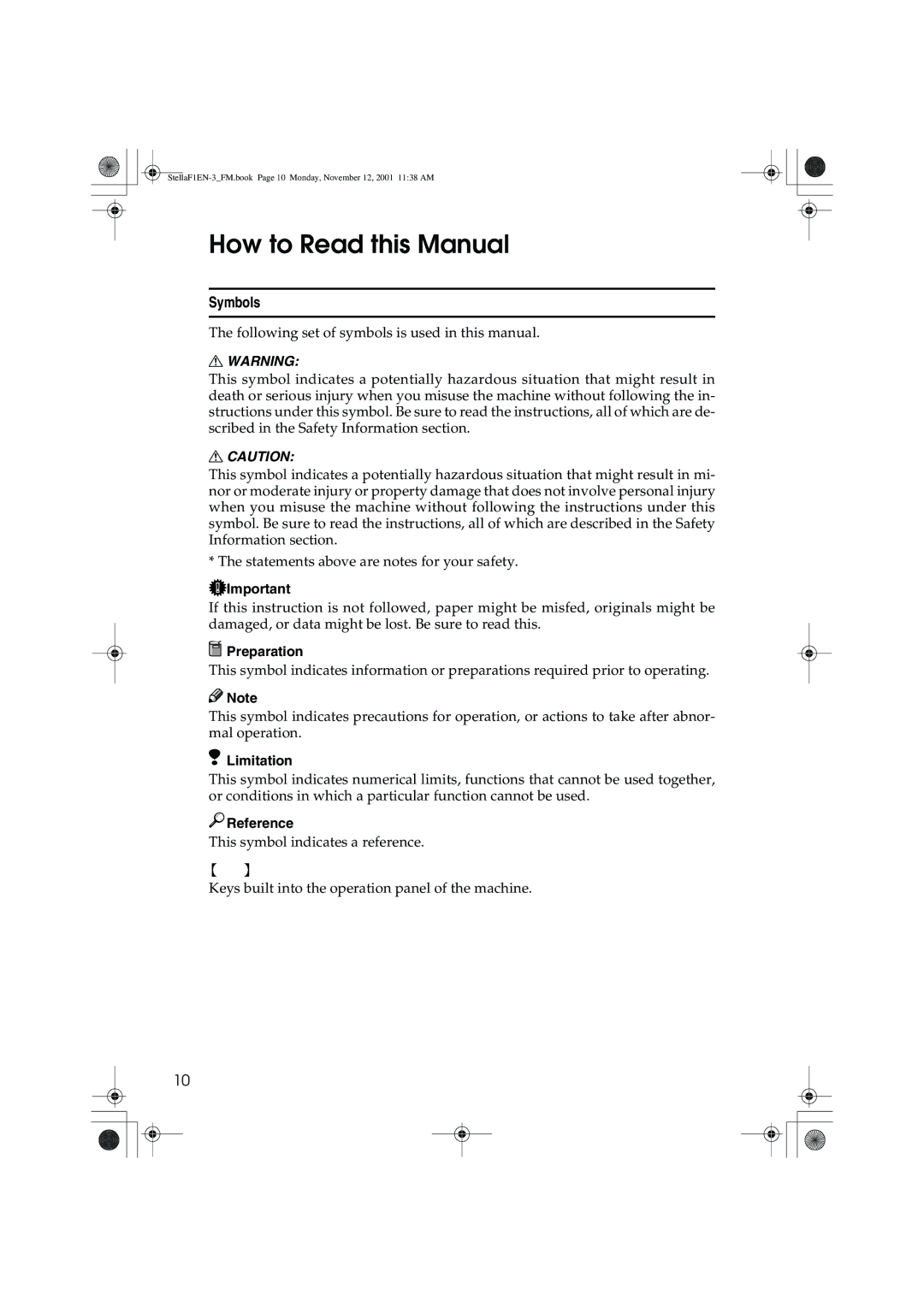 Savin LF310, F9103, 3725, 3310L manual How to Read this Manual, Symbols, Preparation, Limitation, Reference 