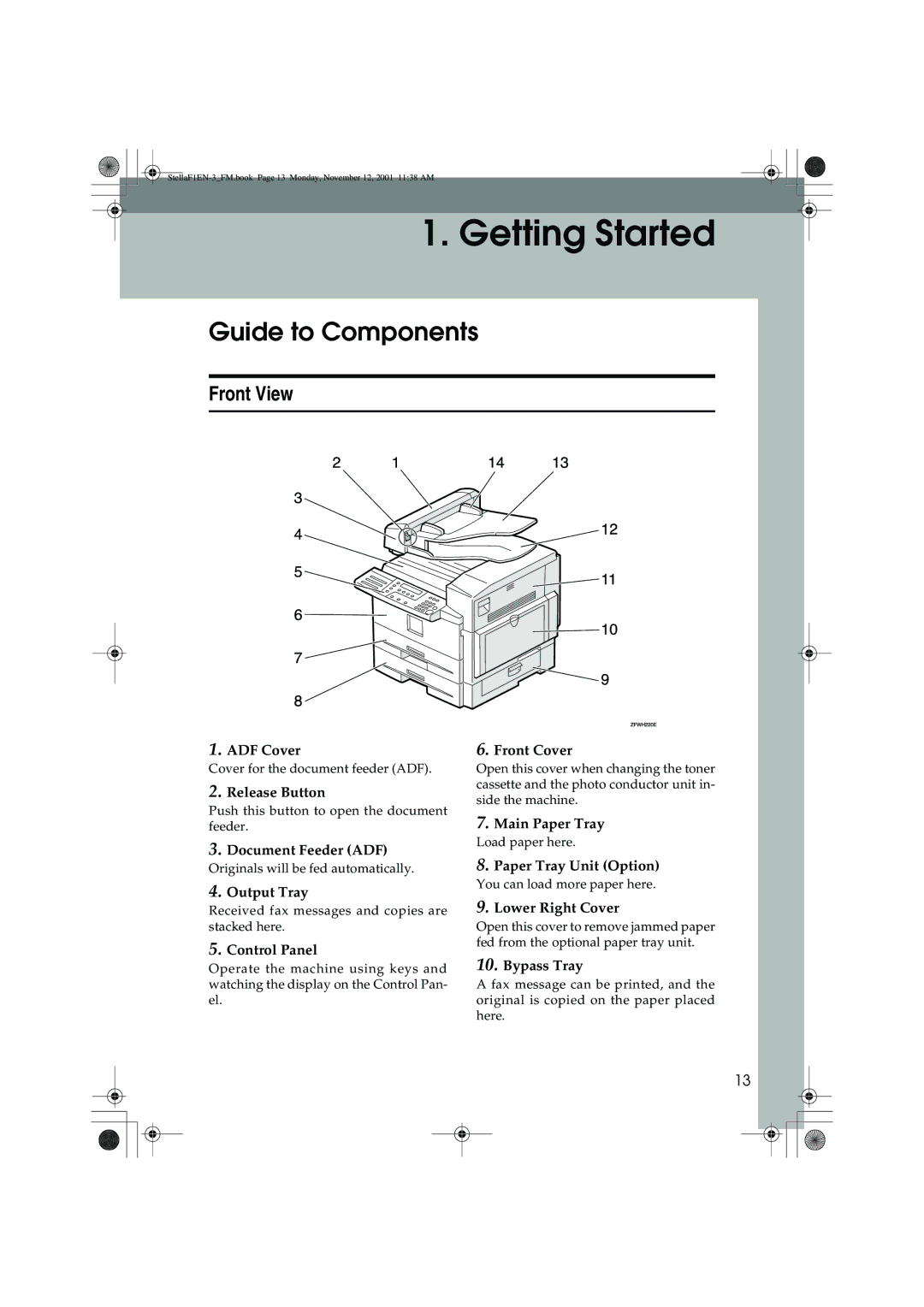 Savin 3310L, LF310, F9103, 3725 manual Guide to Components, Front View 