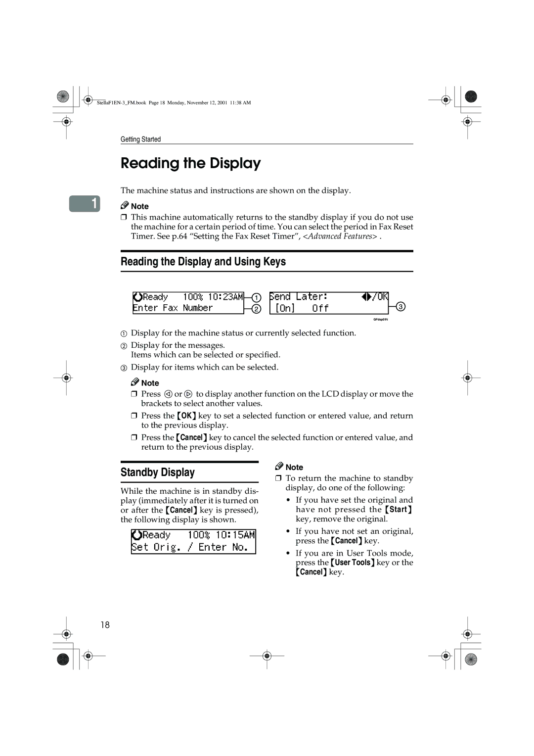 Savin LF310, F9103, 3725, 3310L manual Reading the Display and Using Keys, Standby Display 