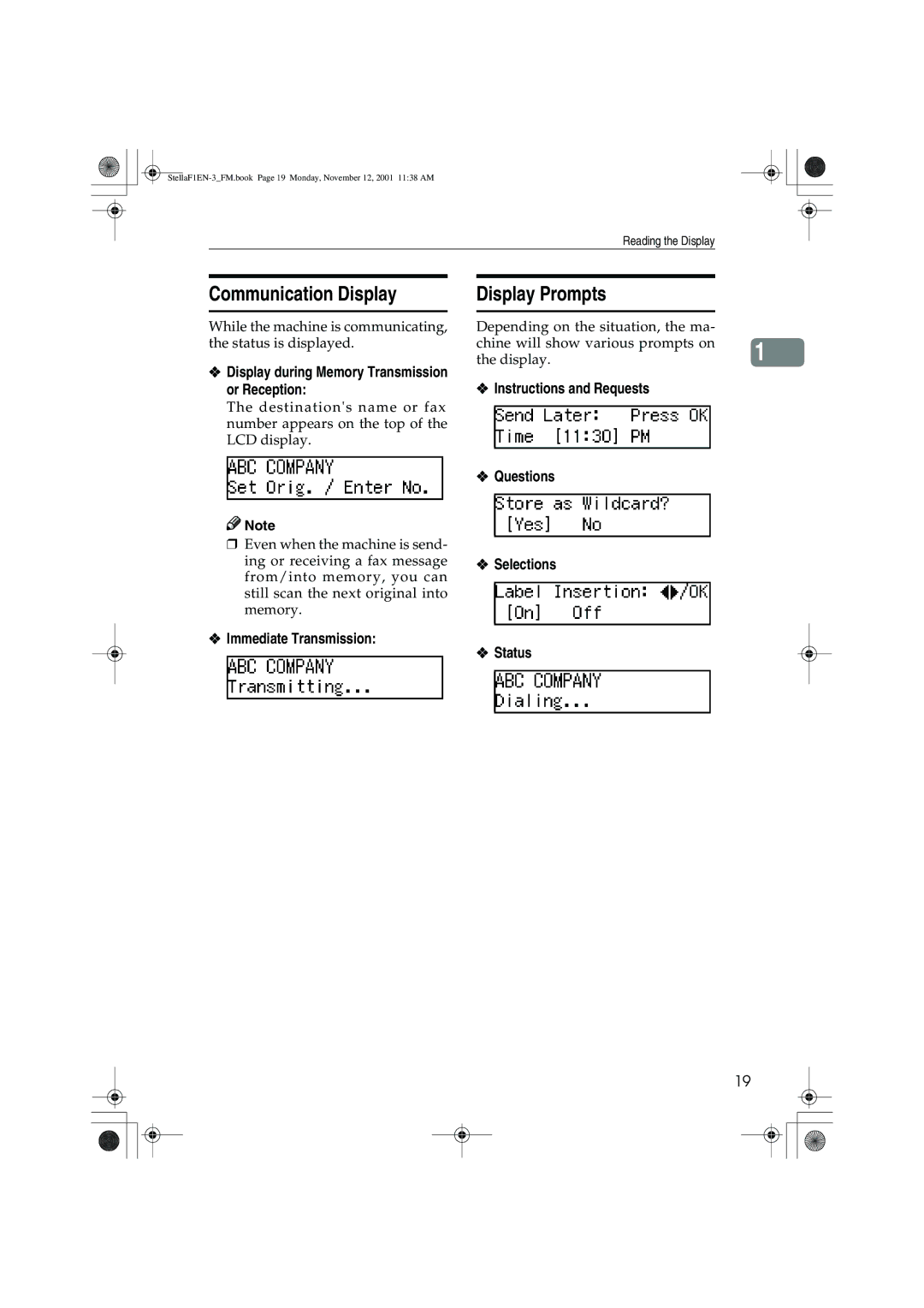 Savin F9103, LF310, 3725, 3310L manual Communication Display, Display Prompts, Display during Memory Transmission or Reception 