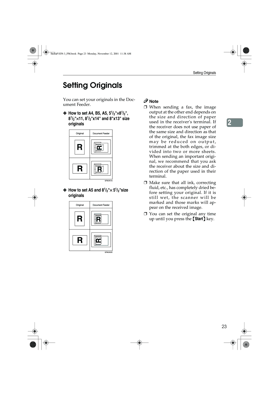 Savin F9103, LF310, 3725, 3310L manual Setting Originals, How to set A4, B5, A5, 51/2⋅81/2, 81/2⋅11, 81/2x14 and 8x13 size 